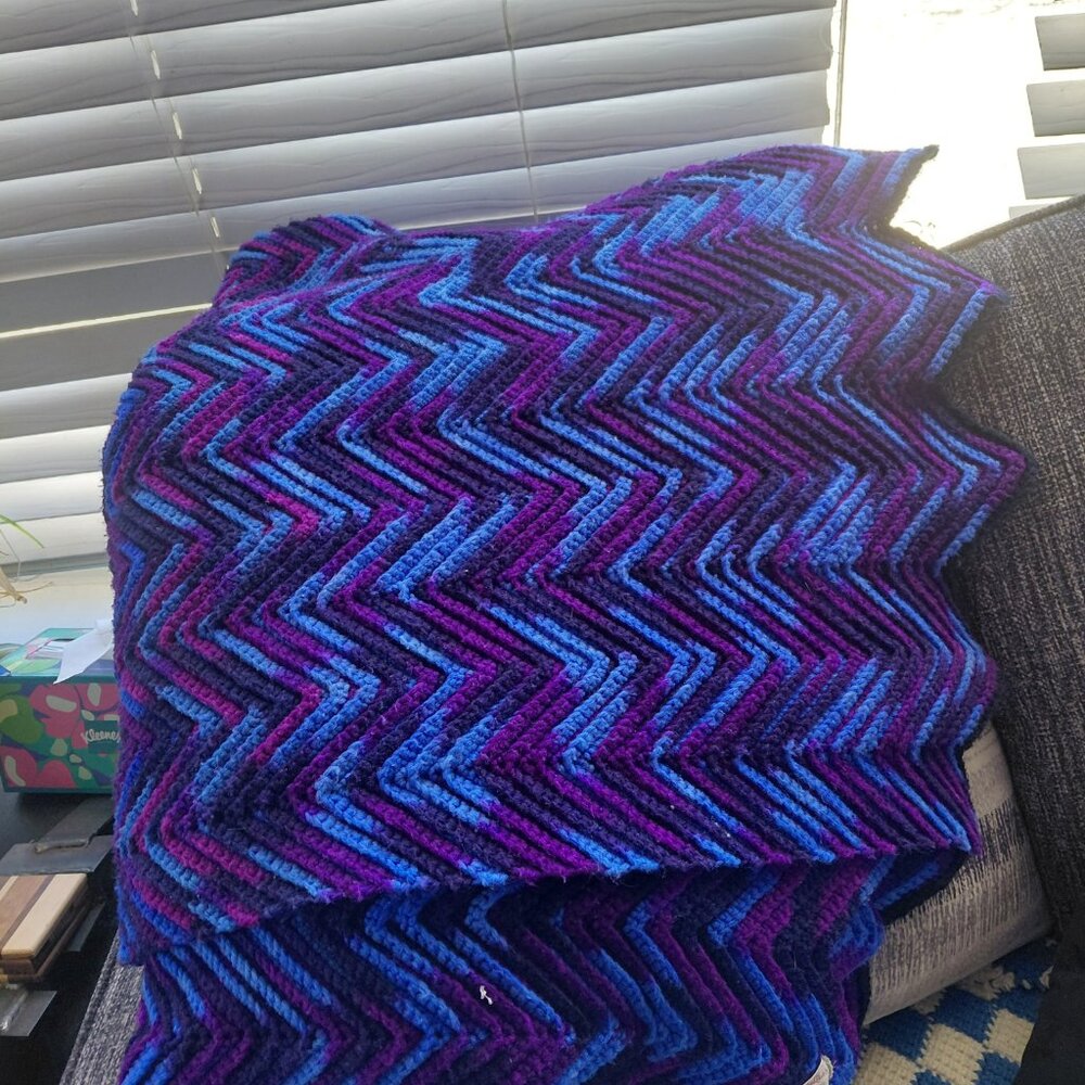 Vintage Handmade Crochet Chevron Blanket Throw Teal Purple Afghan 78x53 - Picture 4 of 11
